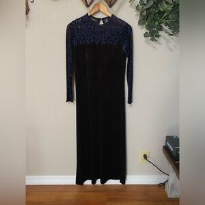 LIZ CLAIBORNE vintage brown & blue long sleeve velvet velour maxi dress 90s Y2K